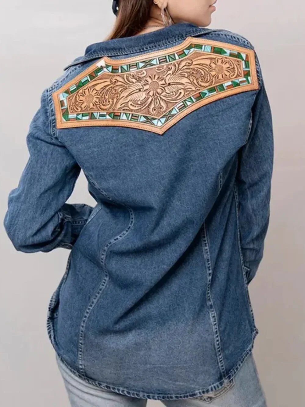 Denim Western Shirt with Tooled Leather Yoke & Turquoise Geometric Trim XLarge - Picture 1 of 5